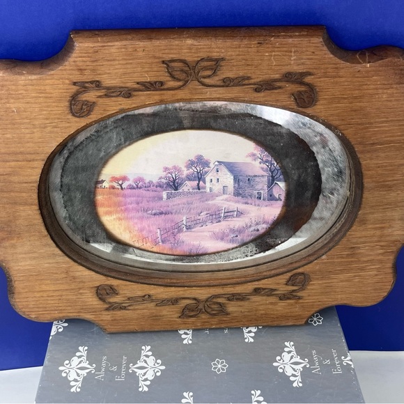 Hand Carved Brown Wooden Oval Painted Mirror Pastoral Scene - Picture 1 of 9